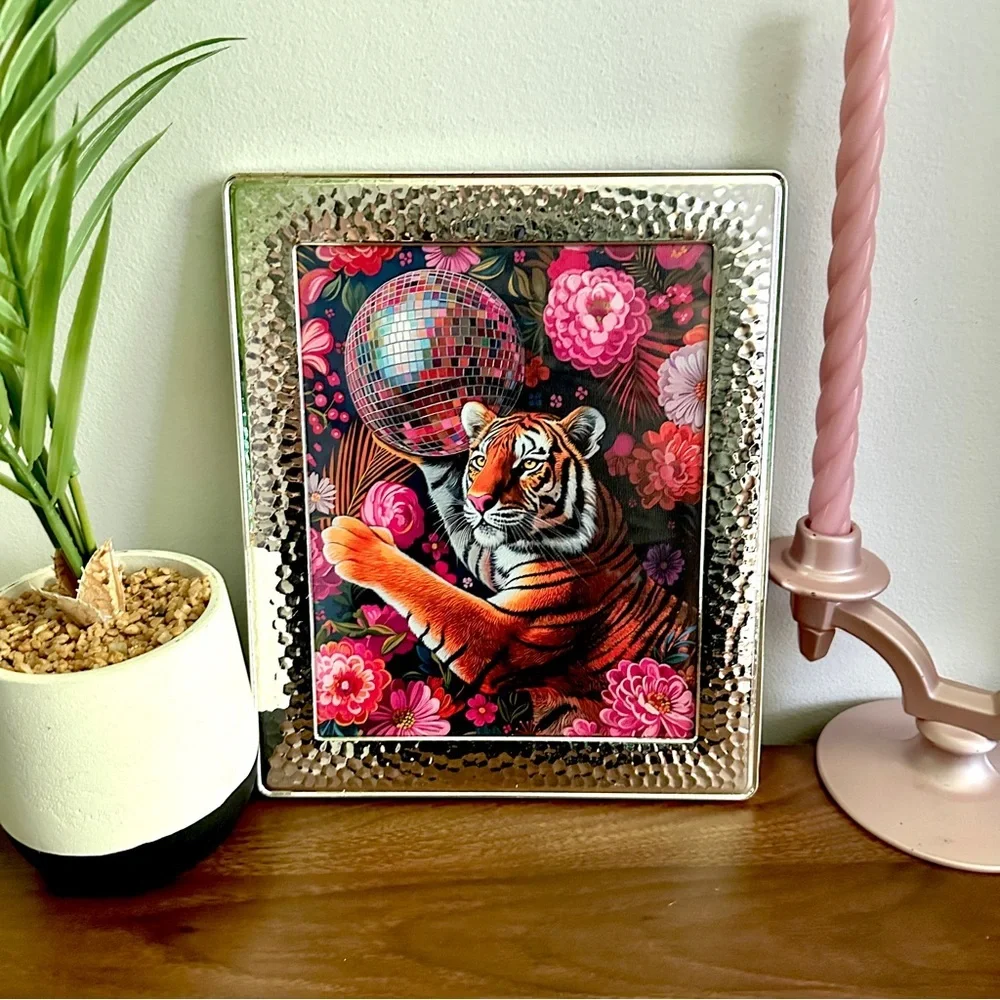 Disco Tiger Jungle Floral Colorful Canvas Art Print Silver Framed Art Big Cat